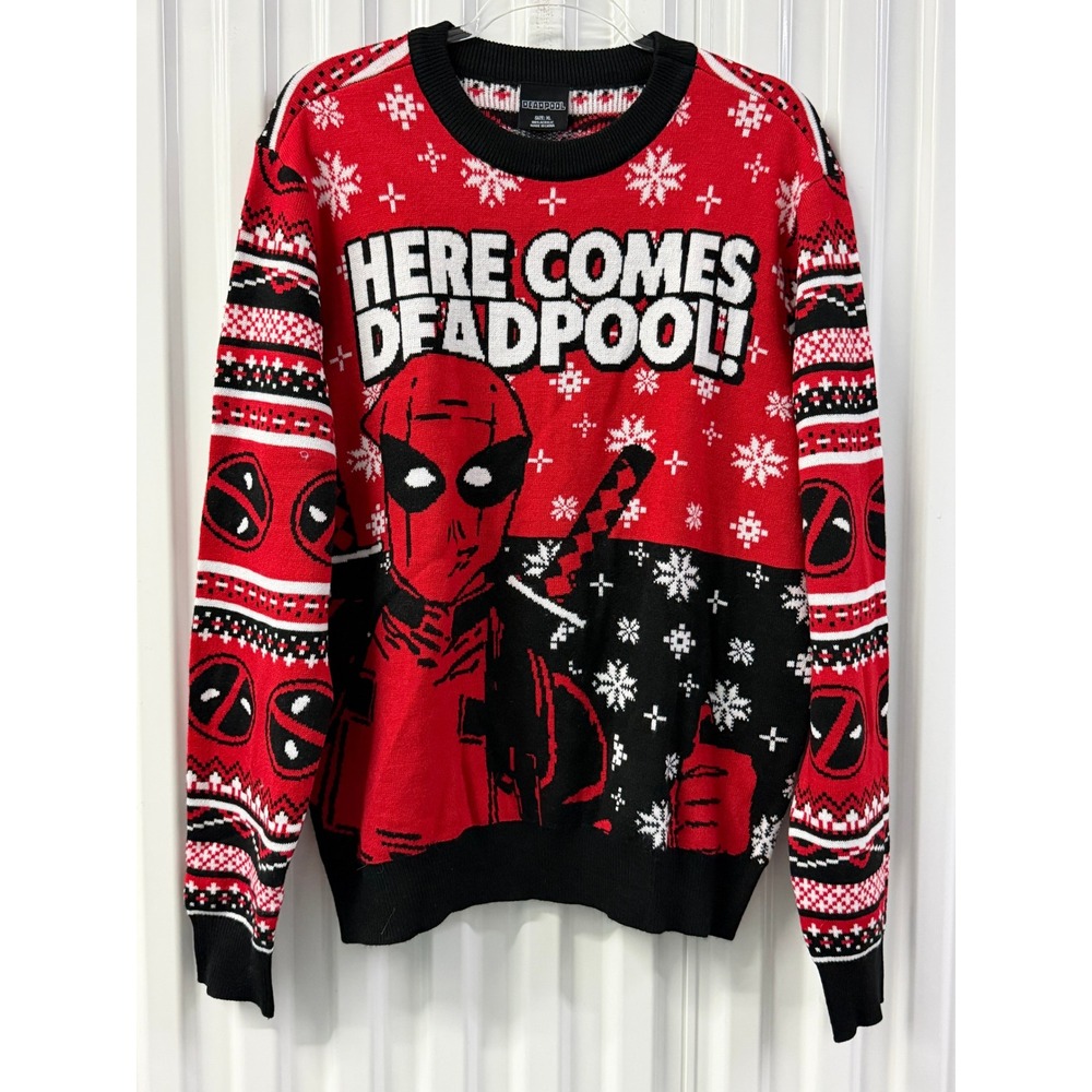 Deadpool Sweater Mens XL Red Excellent Ugly Christmas Fair Isle Graphic Marvel